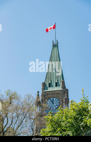 Ottawa, Ontario, Canada. Peace Tower in Centre Block building on Parliament Hill against blue sky in summer, foreground trees, vertical orientation. Stock Photo