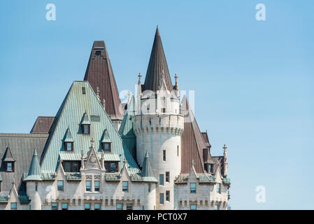 Ottawa, Ontario, Canada. South roof of Fairmont Chateau Laurier in summer, located at Rideau Street and Mackenzie Avenue, viewed from Parliament Hill. Stock Photo