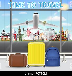 suitcase in airport with airplane travel landmark Stock Vector Image ...