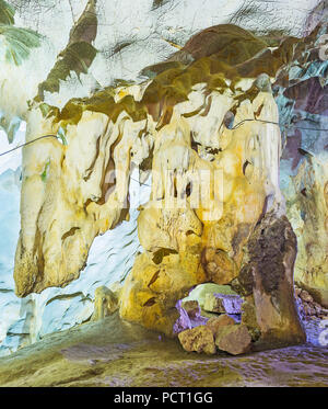 The speleothems (mineral deposits) in chamber of the ancient Karain cave, Yagca, Turkey. Stock Photo