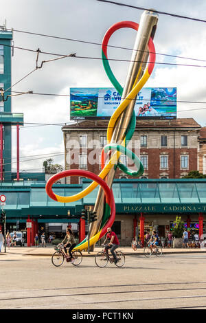 Sculptures celebrating needlework fashion design and hard work in Piazzale Cadorna Milan Lombardy Italy