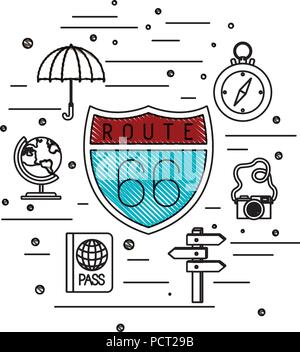 route 66 signal with travel set icons Stock Vector