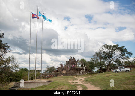 cambodian flags at the Khmer Temples of Prsat Preah Vihear north of the town Sra Em in the province of Preah Vihear in Northwest Cambodia.  Cambodia,  Stock Photo