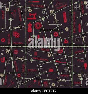 Conceptual seamless pattern background with sewing and tailoring related symbols and words Stock Vector
