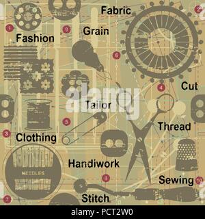 Retro seamless pattern with sewing and tailoring related symbols and words 1 Stock Vector
