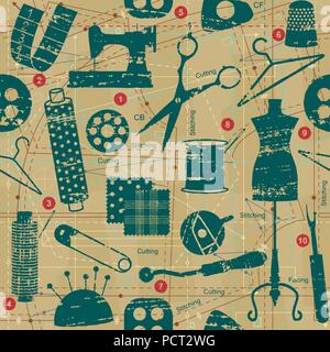 Scratched retro sewing and tailoring seamless pattern Stock Vector