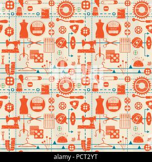 Stylized retro seamless pattern with sewing and tailoring related symbols Stock Vector