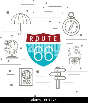 route 66 signal with travel set icons Stock Vector