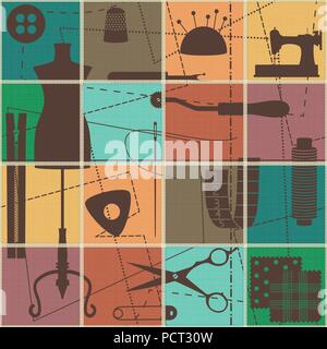 Tiled seamless pattern with sewing and tailoring symbols on canvas textured background 2 Stock Vector