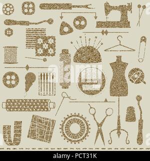 Vintage textured sewing and tailoring symbols Stock Vector