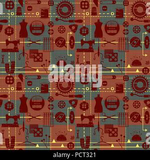 Vintage tiled seamless background with sewing and tailoring symbols Stock Vector