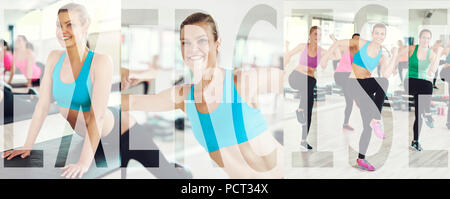 Collage of a group of young woman in sportswear working out during a gym class with an overlay of the word exercise Stock Photo