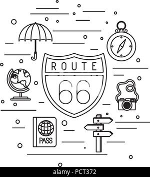 route 66 signal with travel set icons Stock Vector