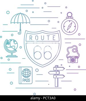 route 66 signal with travel set icons Stock Vector