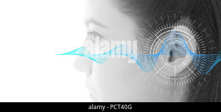 Hearing test showing ear of young woman with sound waves simulation technology - isolated on white banner - black and white Stock Photo