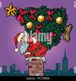 Santa Claus with a Christmas tree climbs the chimney Stock Vector