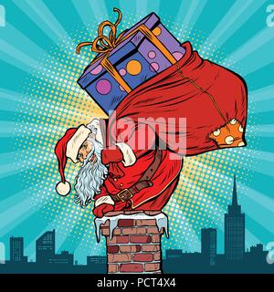 Santa Claus with bag of presents climbing into the chimney Stock Vector