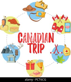 Canadian Trip concept icons set, cartoon style Stock Vector