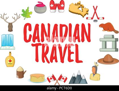 Canadian Travel concept icons set, cartoon style Stock Vector