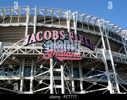 Jacobs Field in Cleveland, OH  ca 2007 - The entrance to Jacobs Field is toped with a large sign declaring the field to be the home of the Cleveland Indians. Stock Photo