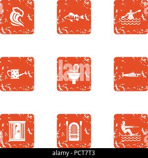 Water repose icons set, grunge style Stock Vector