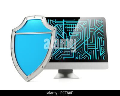 Shield and computer screen, computer security concept Stock Photo