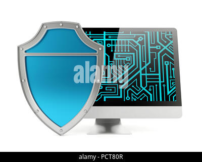 Shield and computer screen, computer security concept Stock Photo