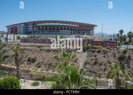 Tram outside the Estadio Nueva Condomina home of Spanish football team Real Murcia Stock Photo