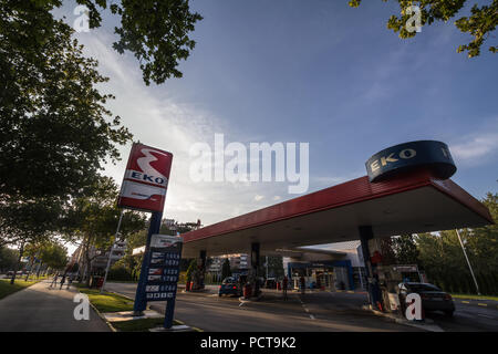 BELGRADE, SERBIA - JULY 26, 2018: EKO logo on their gas station in New Belgrade. Member of Hellenic Petroleum, EKO is the main petrol stations and ene Stock Photo