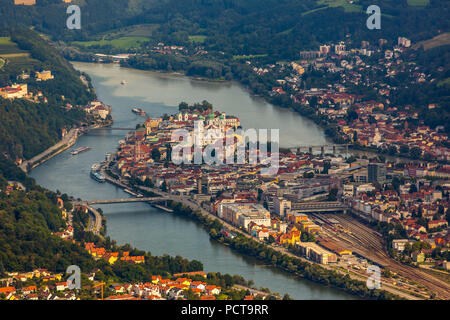Aerial photo, confluence of Danube, Inn and Ilz Rivers, Passau, independent university town in the administrative district of Lower Bavaria in Eastern Bavaria, Bavaria, Germany Stock Photo