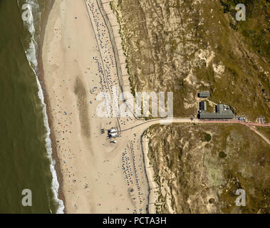 North beach, aerial view, nudist beach of Norderney, dunes, tourists in
