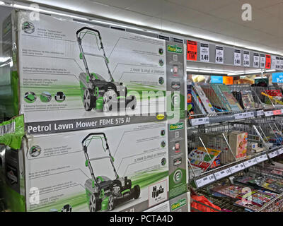 Centre Aisle of a discount supermarket, Lidl, Aldi, lawnmowers, hedge trimmers, Latchford, Warrington, Cheshire, North West England, UK Stock Photo