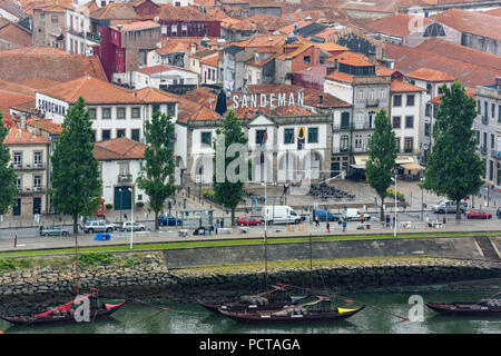 View over the Douro or Duero to the district Gaia, Vila Nova de Gaia, Sandeman, wine producer with winery, Port wine, Oporto, district Porto, Portugal, Europe Stock Photo