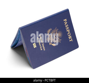 Blue American Passport Opened and Isolated on a White Background. Stock Photo