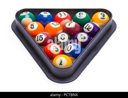 Billiard Balls Racked in Triangle Isolated on White Background. Stock Photo