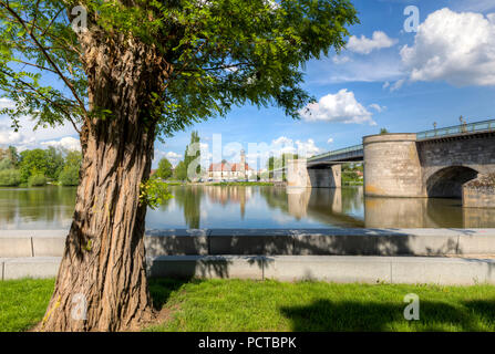 View over the river Main at Heilig Kreuzkapelle, Kitzingen am Main, Lower Franconia, Bavaria, Germany Stock Photo