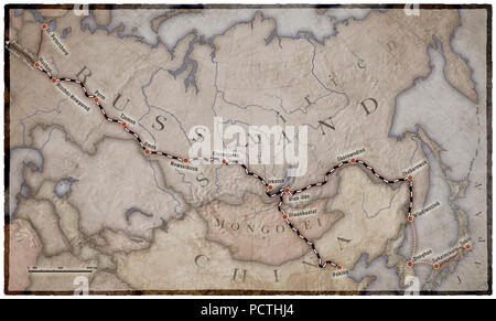 Map, North and Central Asia, Trans-Siberian Railway, Graphic, RailArt Stock Photo