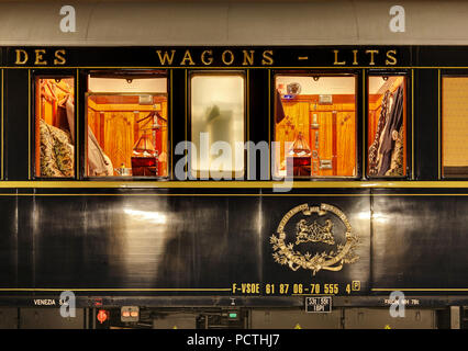 France, Paris, wagon, windows, compartments, coat of arms, lamps, night Stock Photo