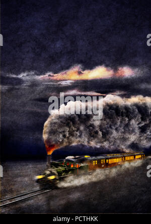 Train leaving in the evening or morning, locomotive, smoke, backlight, retouched, [M], composing, RailArt Stock Photo