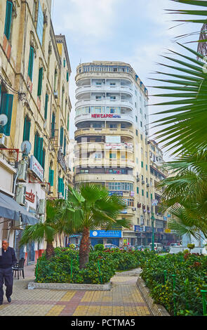 ALEXANDRIA, EGYPT - DECEMBER 18, 2017:  The green palms and scenic flower beds of the tiny garden in Omar Lotfy street with tall residential buildings Stock Photo