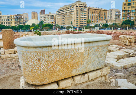 The well preserved antique Roman bath among the ruins of Kom Ad Dikka archaeological site, Alexandria, Egypt. Stock Photo