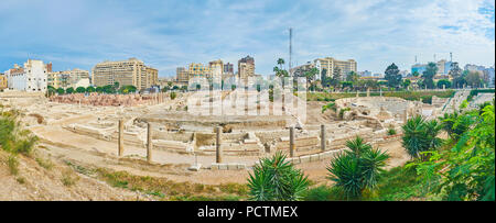 Panorama of the antique street, Roman Auditorium (lecture hall) and amphitheatre in Kom Ad Dikka archaeological site, Alexandria, Egypt. Stock Photo