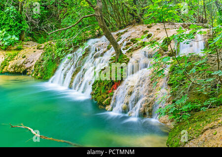 Untouched nature of Kursunlu nature park with springs, small lakes and waterfalls, makes this place very popular among the tourists and locals, Aksu,  Stock Photo