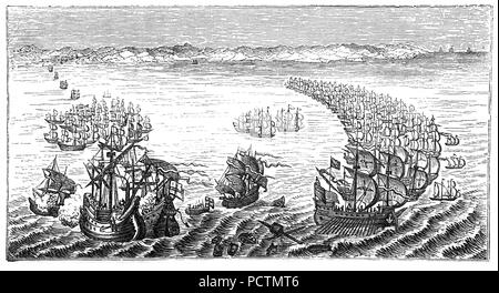 The Spanish Armada under attack from the English fleet during the largest engagement of the undeclared Anglo-Spanish War (1585–1604).  The Spanish fleet of 130 ships sailed f in late May 1588, with the aim of escorting an army from Flanders to invade England and overthrow Queen Elizabeth I and her establishment of Protestantism in England. The Armada anchored off Calais, but was scattered by an English fireship attack. Following  the ensuing Battle of Gravelines the Spanish fleet was forced to return to Spain. Stock Photo