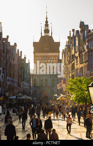 Gdansk street Poland, view along the Royal Way - the main street in the center of Gdansk -  looking towards the Golden Gate, Pomerania, Poland. Stock Photo