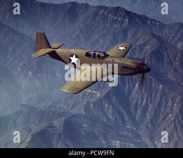 P-51 'Mustang' fighter in flight, Inglewood, Calif. The 'Mustang', built by North American Aviation, Incorporated, is the only American-built fighter used by the Royal Air Force of Great Britain - October 1942 Stock Photo