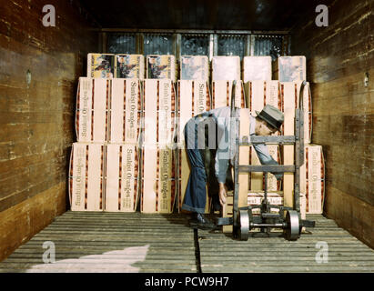 Loading oranges into a refrigerator car at a co-op orange packing plant, Redlands, Calif. March 1943 Stock Photo