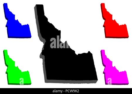 3D map of Idaho (United States of America, Gem State) - black, red, purple, blue and green - vector illustration Stock Vector