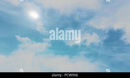 Animation of Moving clouds and blue sky. Beautiful cloudscape with large, building clouds and sunrise breaking through cloud mass. Time lapse of cloudscape with bright sun shining with clouds passing. Stock Photo
