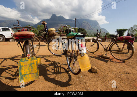 Bikes are still a popular mode of transport in rural malawi near Likhabula, Mount Mulanje, Southern District, Malawi. Stock Photo